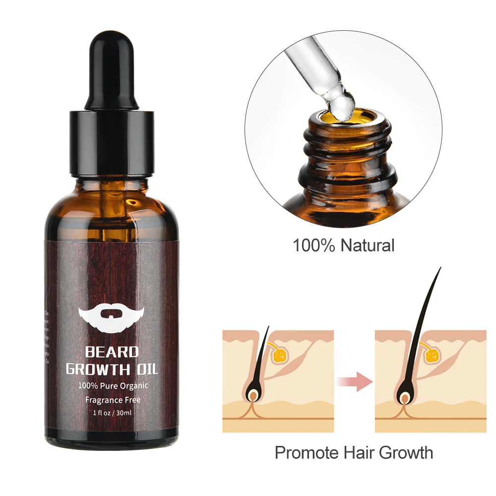 A bottle of beard growth oil, formulated with 100% natural ingredients and fragrance free. Promote hair growth.
