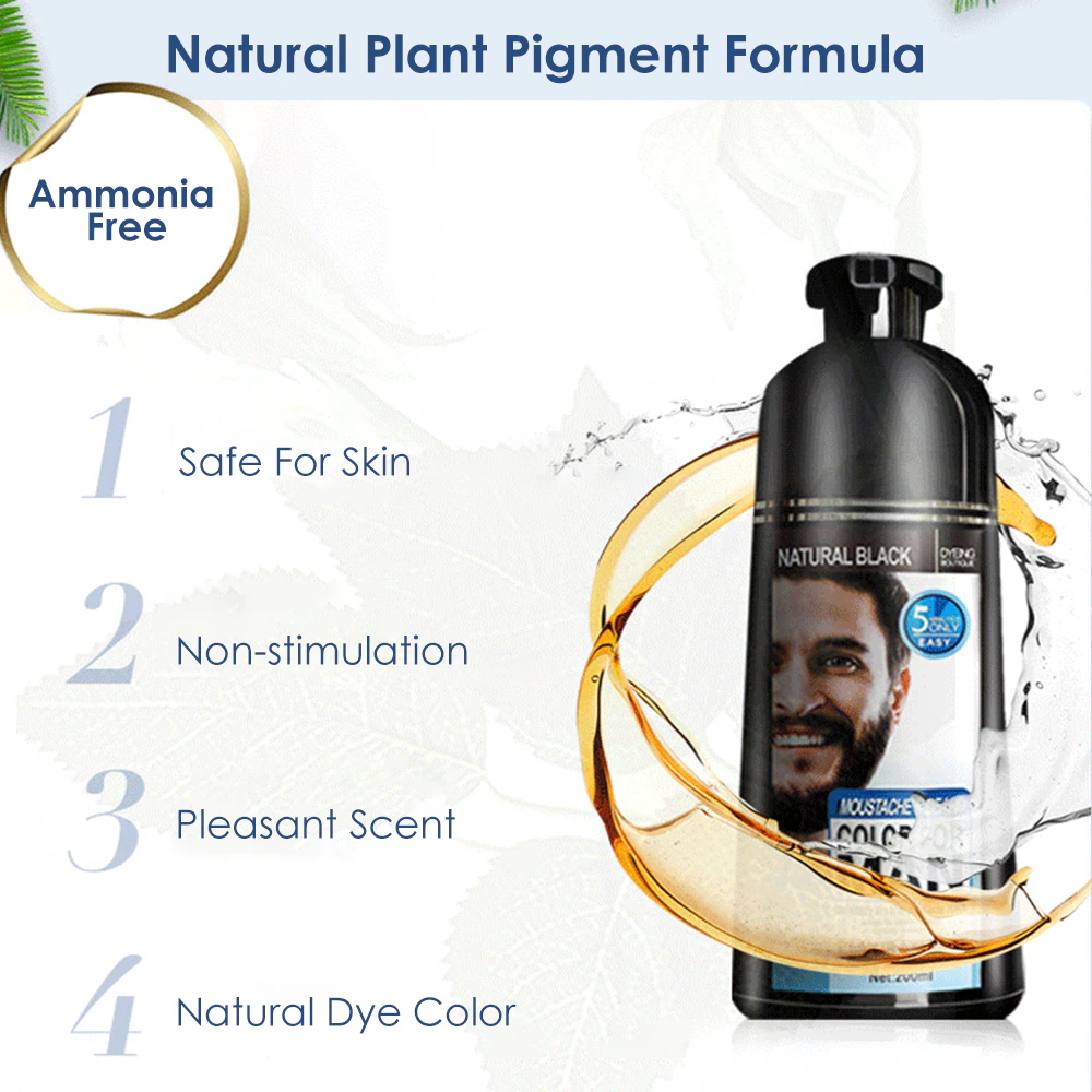 Permanent beard dye solution with natural plant pigment formula. Ammonia free and non-stimulant