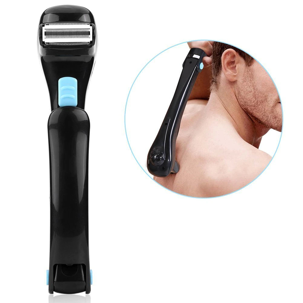 Cordless foldable back shaver used to groom and shave man's back hair