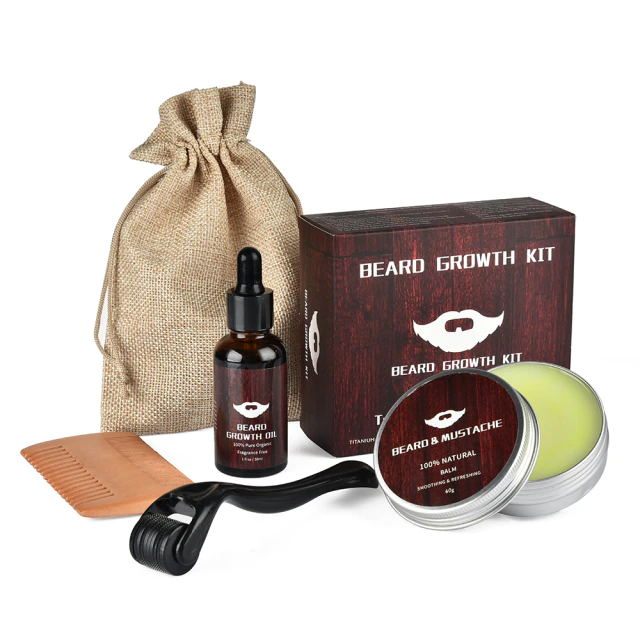 Men grooming beard growth kit with beard oil, beard and moustache balm, and a derma roller